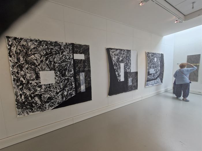 Drie zwart-witte werken in de expositieruimte, met een bezoeker